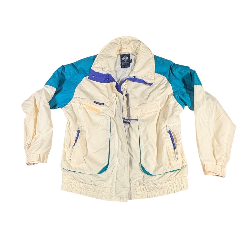Vintage Columbia Powder Keg Jacket Womens Large Cream Teal Purple 90s Colorblock